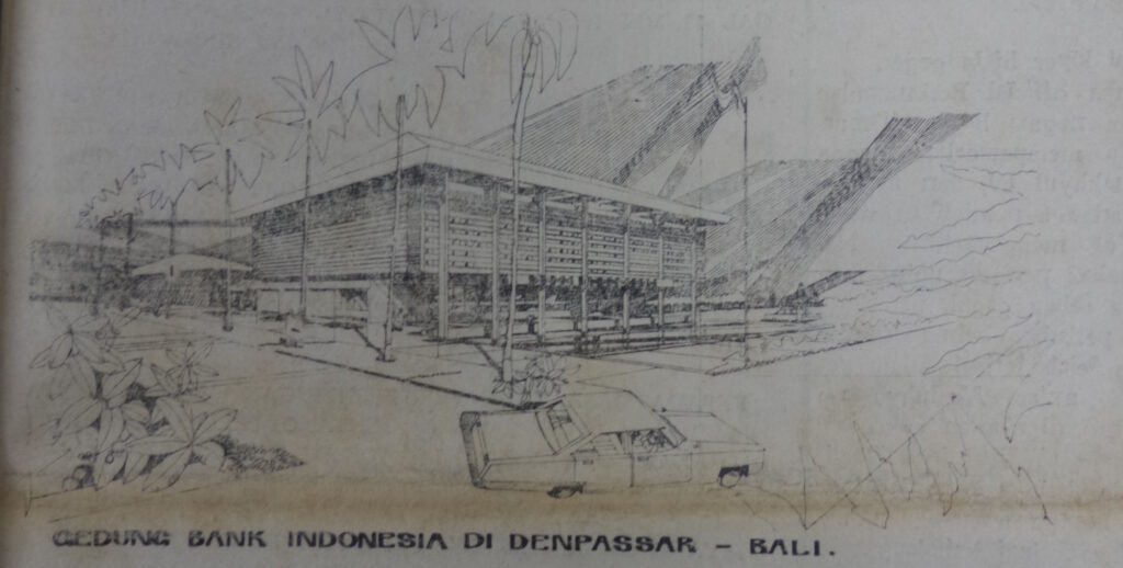 Sketsa Gedung Bank Indonesia Lama di Denpasar, sekarang Gedung Otoritas Jasa Keuangan Region VIII Denpasar. Bali Post, 22 Juli 1973